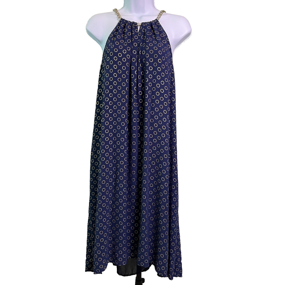 NWT Michael Kors Halter Midi Shift Dress Womens M Navy Gold Chain Quiet Luxury